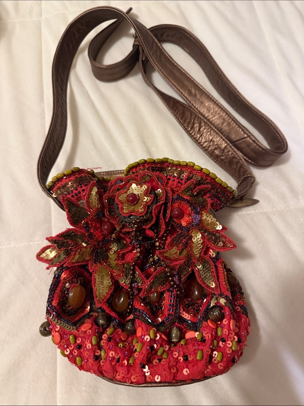 Mary Frances Red Floral Beaded Crossbody with Brown Strap
